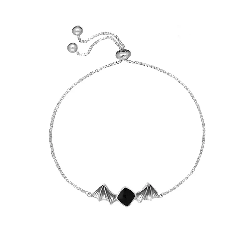 Sterling Silver Whitby Jet Cushion Stone Adjustable Bat Bracelet sold by Jura Watches