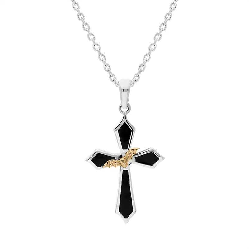Sterling Silver Whitby Jet 9ct Yellow Gold Bat Cross Necklace sold by Jura Watches