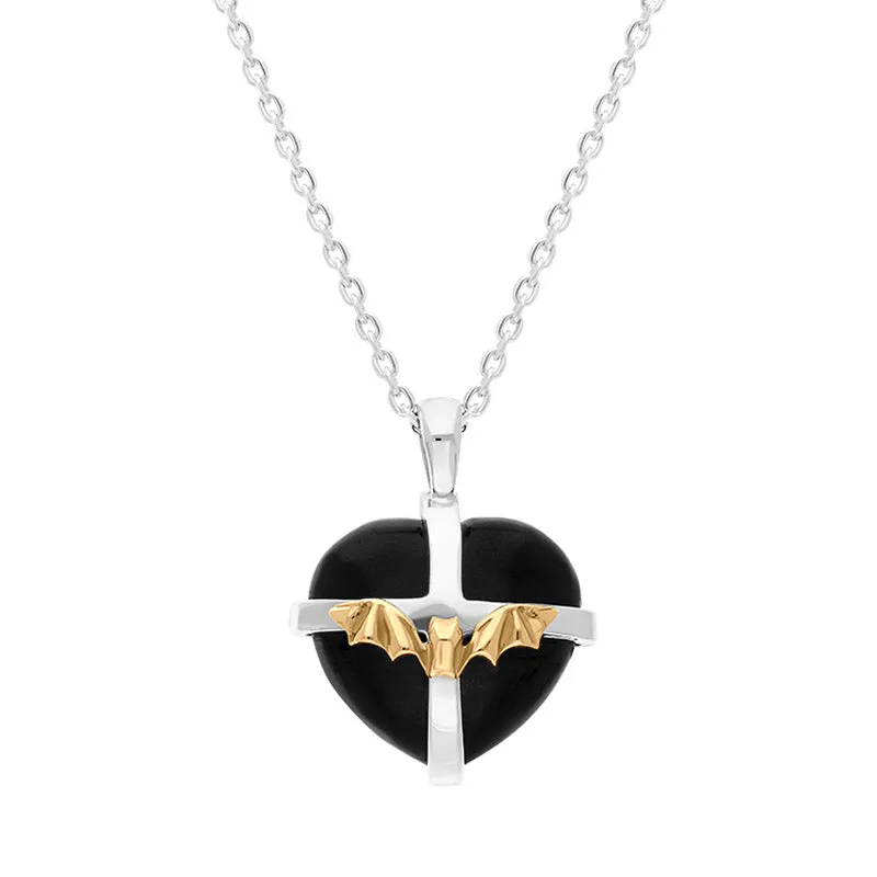 Sterling Silver Whitby Jet 9ct Yellow Gold Bat Medium Cross Heart Necklace sold by Jura Watches