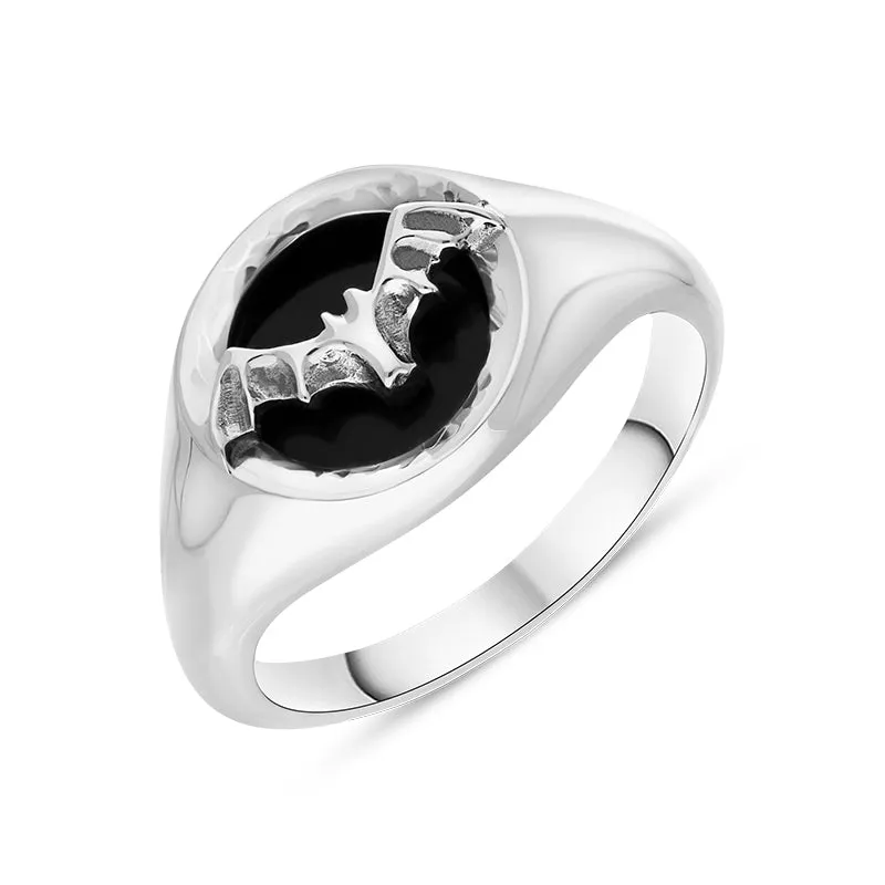 Sterling Silver Whitby Jet Round Bat Ring made by C.W. Sellors