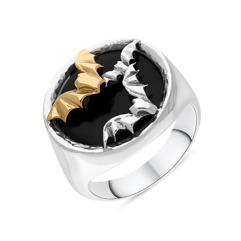 Sterling Silver Whitby Jet 9ct Yellow Gold Bat Round Ring sold by Jura Watches