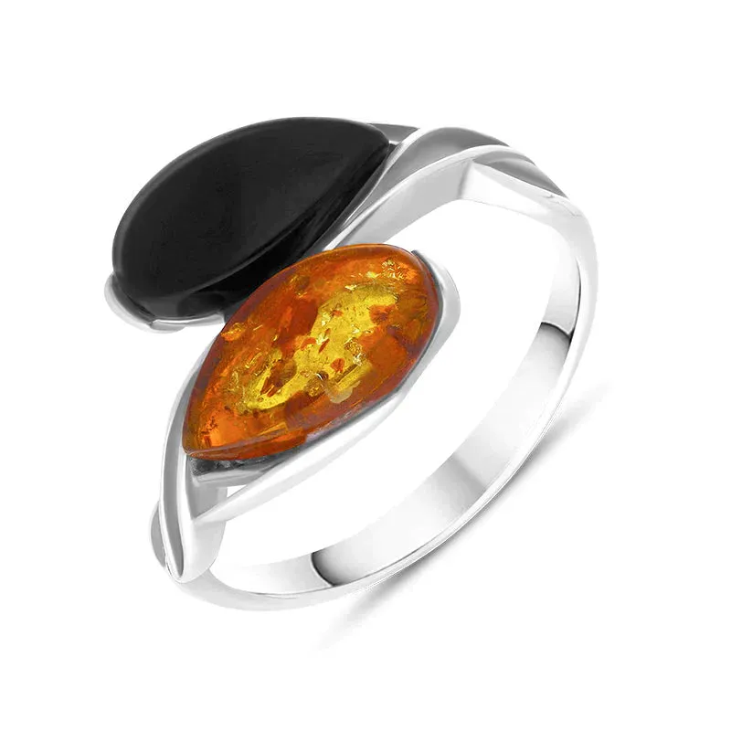 Silver Amber Whitby Jet Double Pear Celtic Ring sold by Jura Watches