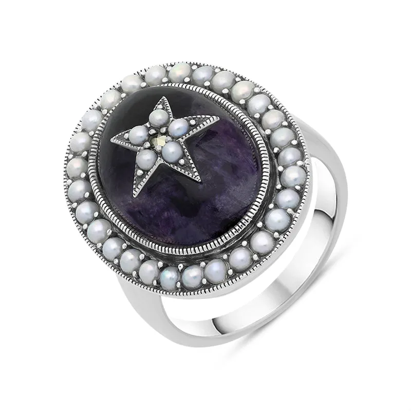 Sterling Silver Blue John Pearl Framed Large Oval Flower Ring sold by Jura Watches