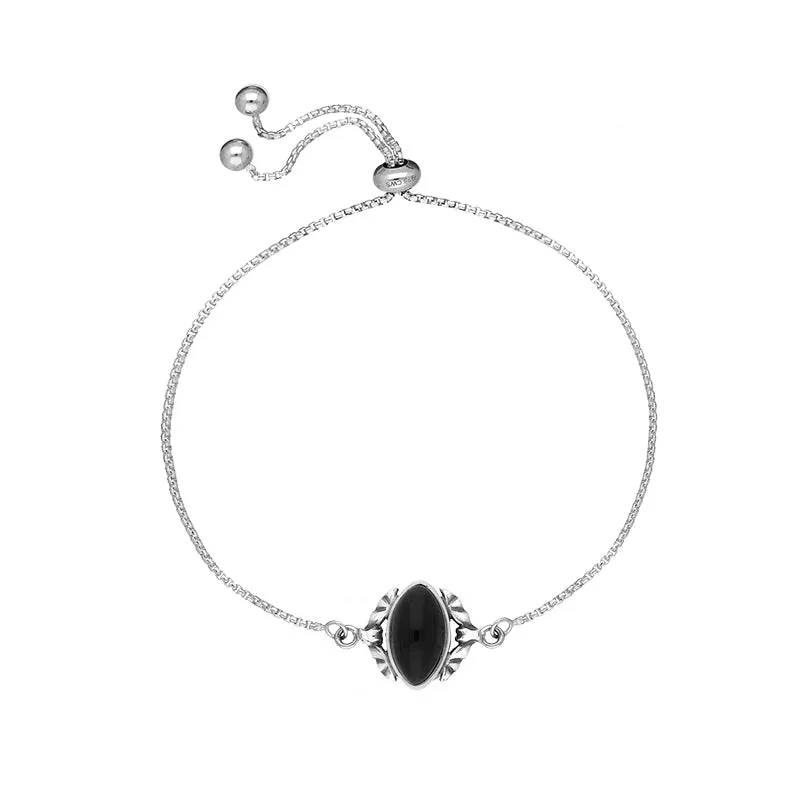 Sterling Silver Whitby Jet Marquise Stone Bat Adjustable Bracelet sold by Jura Watches