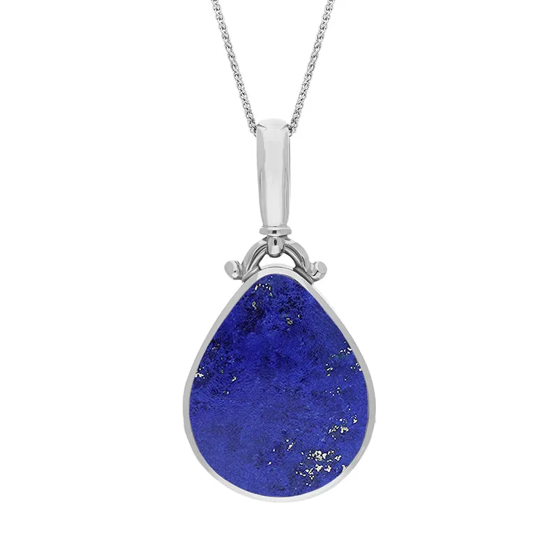 9ct White Gold Whitby Jet Lapis Lazuli Double Sided Pear Fob Necklace sold by Jura Watches