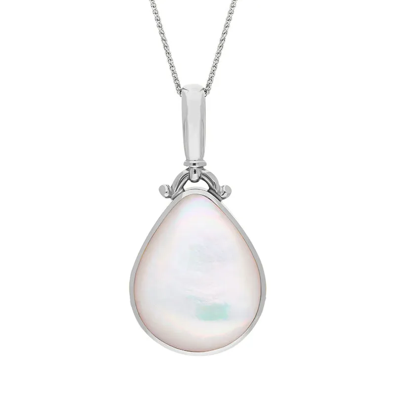 18ct White Gold Whitby Jet Mother of Pearl Double Sided Pear Fob Necklace sold by Jura Watches