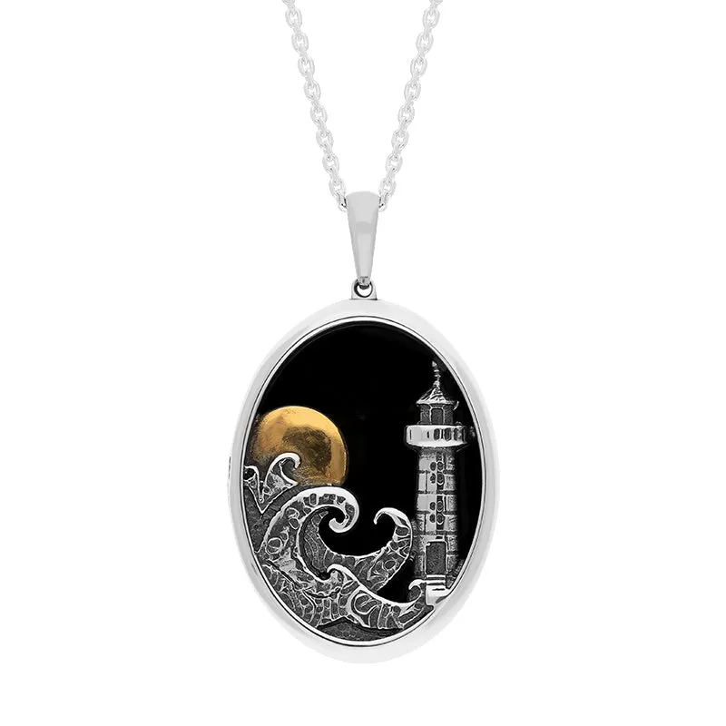 Sterling Silver Whitby Jet Gold Plated Moon Whitby Lighthouse Oval Necklace sold by Jura Watches