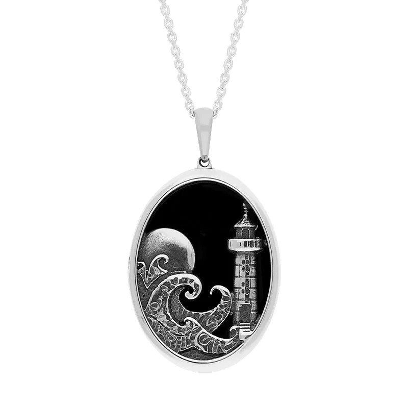 Sterling Silver Whitby Jet Whitby Lighthouse Oval Necklace sold by Jura Watches