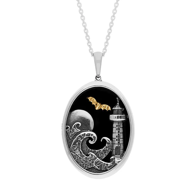 Sterling Silver 9ct Yellow Gold Whitby Jet Whitby Lighthouse and Bat Oval Necklace sold by Jura Watches