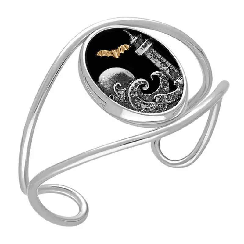 Sterling Silver 9ct Yellow Gold Whitby Jet Whitby Lighthouse and Bat Cuff Bangle sold by Jura Watches