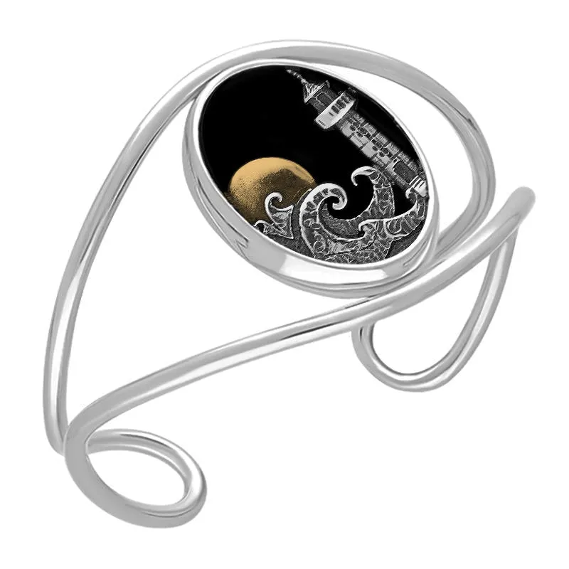 Sterling Silver Whitby Jet Gold Plated Moon Whitby Lighthouse Cuff Bangle sold by Jura Watches
