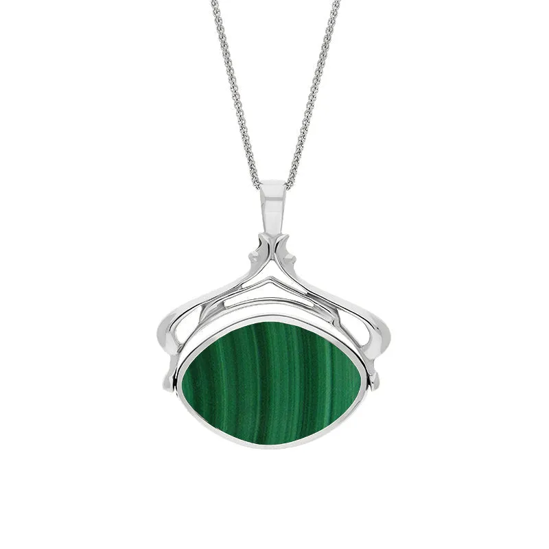 18ct White Gold Whitby Jet Malachite Marquise Swivel Fob Necklace sold by Jura Watches