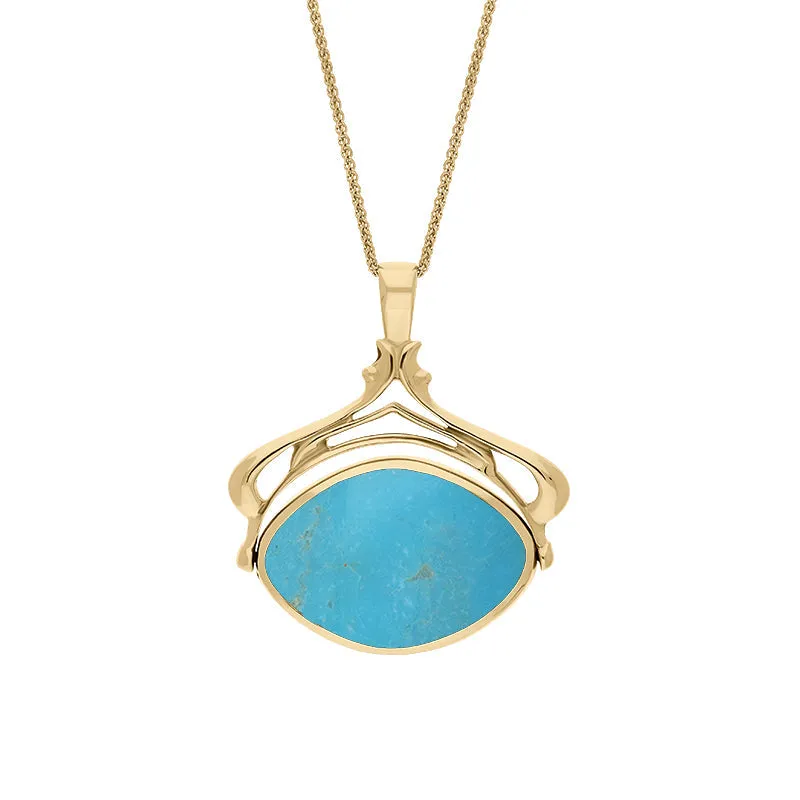 18ct Yellow Gold Whitby Jet Turquoise Marquise Swivel Fob Necklace sold by Jura Watches