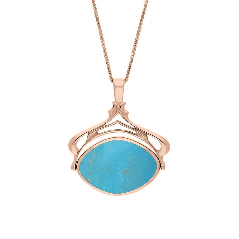 9ct Rose Gold Whitby Jet Turquoise Marquise Swivel Fob Necklace sold by Jura Watches