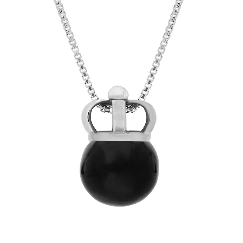 18ct White Gold Whitby Jet Royal Crown 11mm Bead Pendant sold by Jura Watches