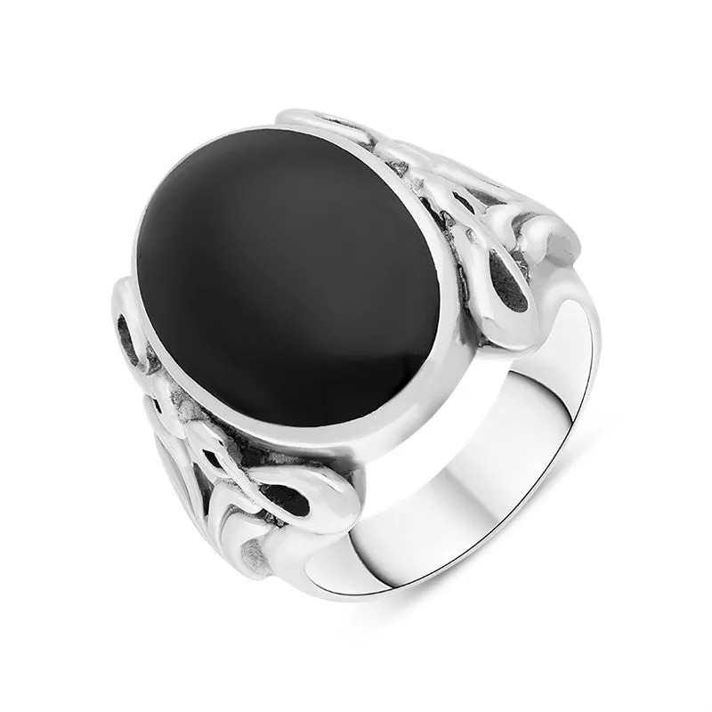 Sterling Silver Whitby Jet Oval Carved Side Ring sold by Jura Watches