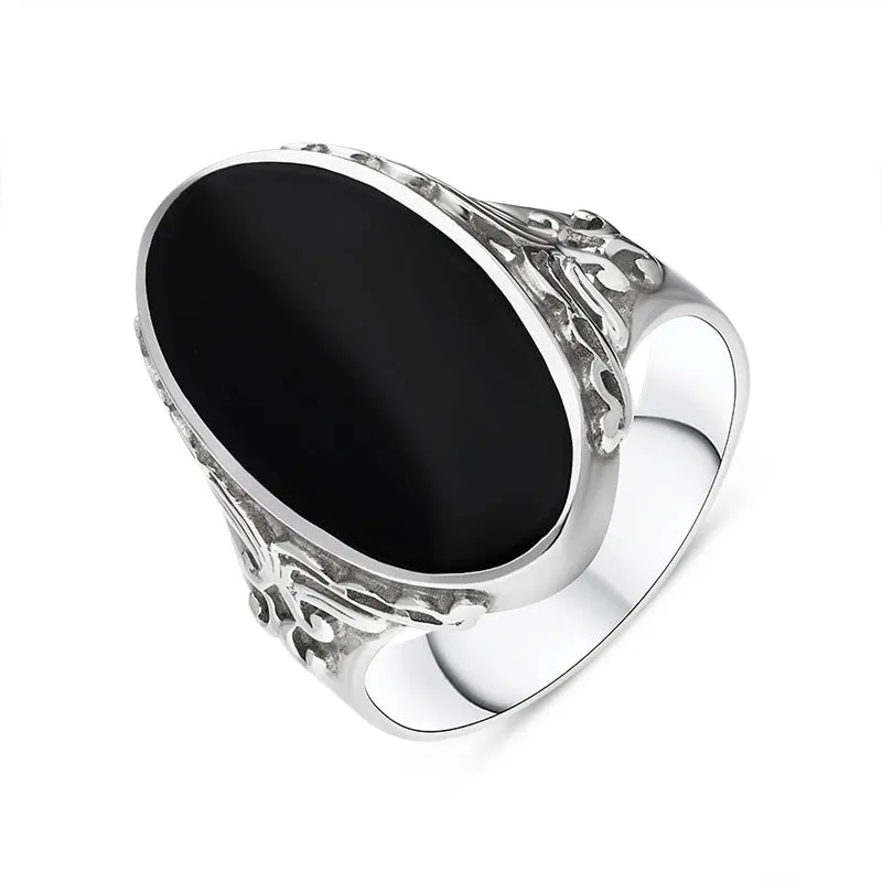 Sterling Silver Whitby Jet Oval Carved Side Ring sold by Jura Watches
