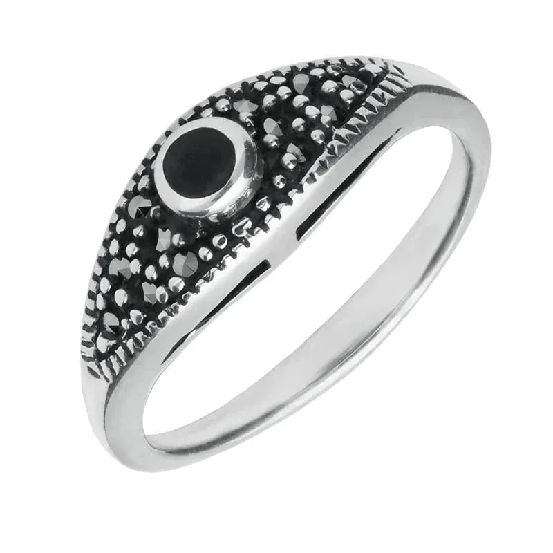 Sterling Silver Whitby Jet Marcasite Round Stone Ring sold by Jura Watches