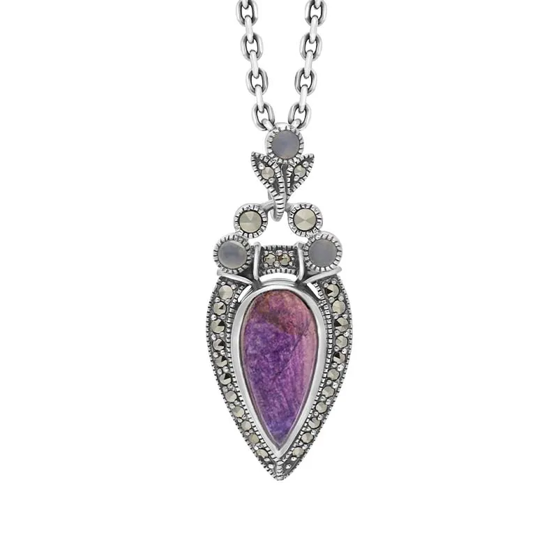 Sterling Silver Blue John Moonstone Marcasite Pear Shaped Necklace sold by Jura Watches