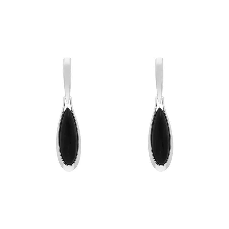 Sterling Silver Whitby Jet Long Pear Shaped Drop Earrings sold by Jura Watches