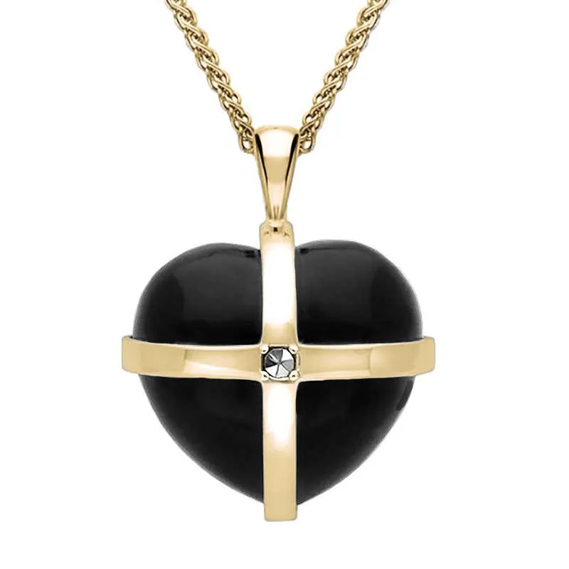 9ct Yellow Gold Whitby Jet Marcasite Medium Cross Heart Necklace sold by Jura Watches