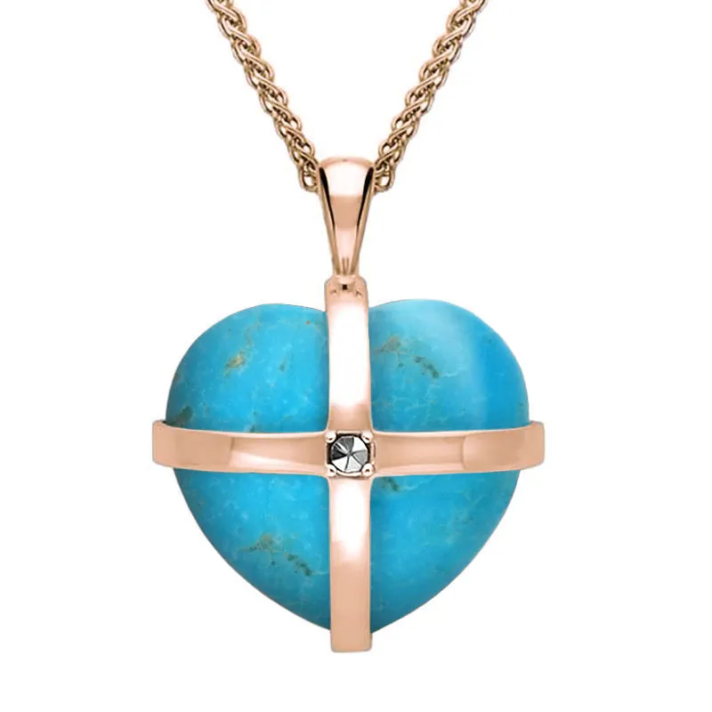 9ct Rose Gold Turquoise Marcasite Medium Cross Heart Necklace sold by Jura Watches