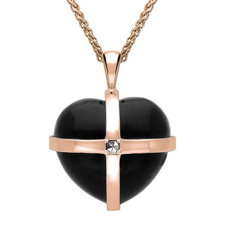 9ct Rose Gold Whitby Jet Marcasite Medium Cross Heart Necklace sold by Jura Watches