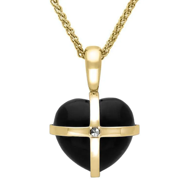 9ct Yellow Gold Whitby Jet Marcasite Small Cross Heart Necklace sold by Jura Watches