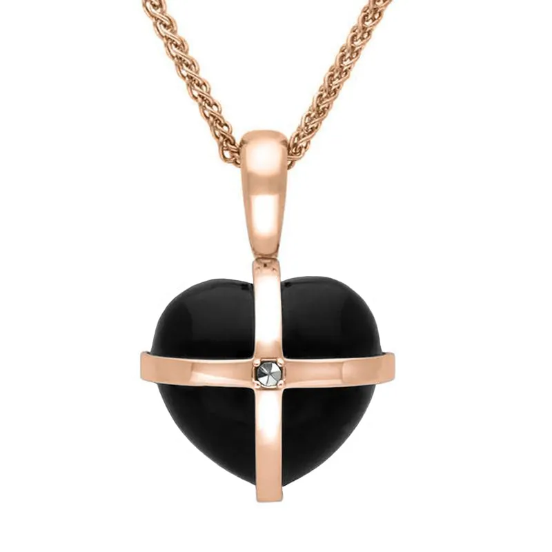 9ct Rose Gold Whitby Jet Marcasite Small Cross Heart Necklace sold by Jura Watches