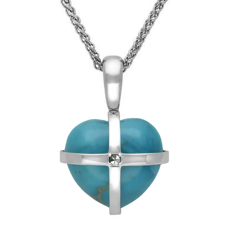 9ct White Gold Turquoise Marcasite Small Cross Heart Necklace sold by Jura Watches