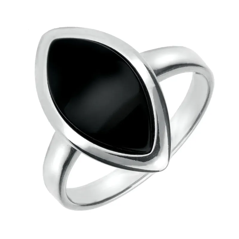 Sterling Silver Whitby Jet Curved Marquise Shaped Ring sold by Jura Watches