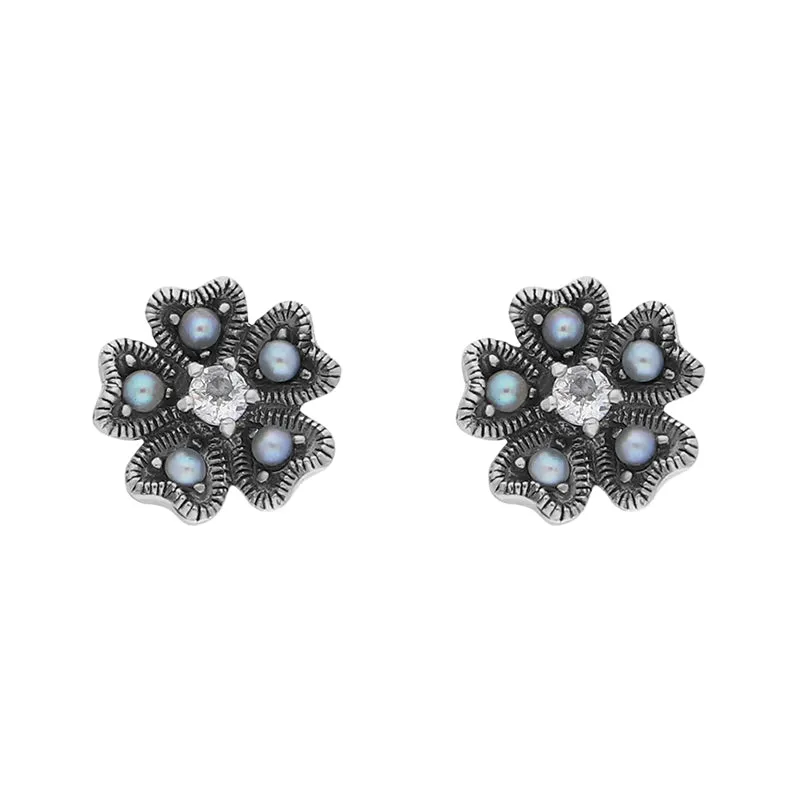 Sterling Silver Pearl Marcasite Flower Stud Earrings sold by Jura Watches