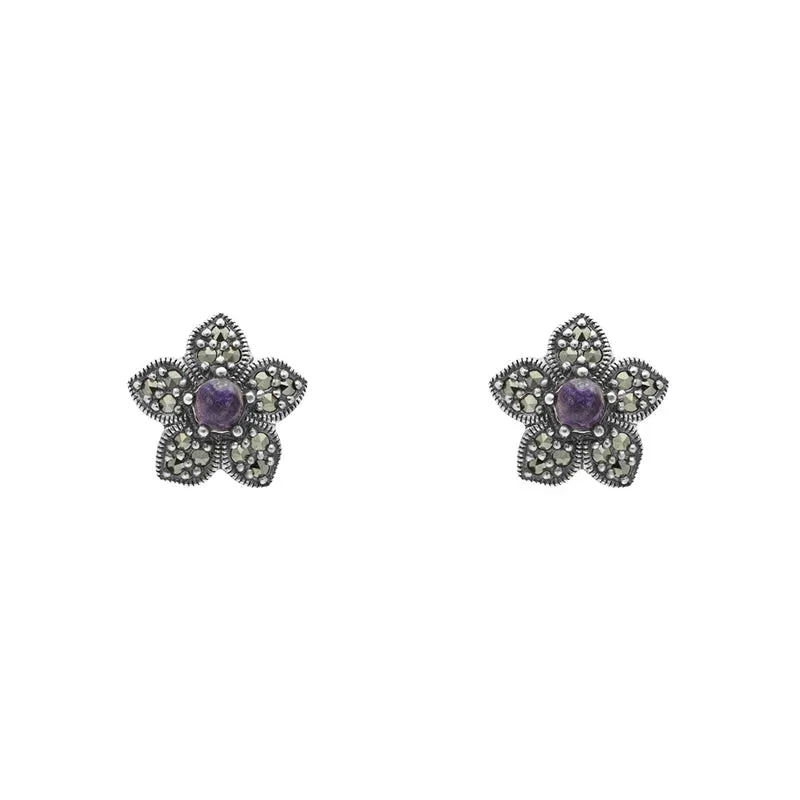 Sterling Silver Blue John Marcasite Flower Stud Earrings sold by Jura Watches