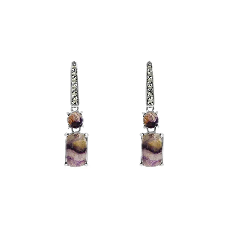 Sterling Silver Blue John Marcasite Oblong Drop Earrings sold by Jura Watches