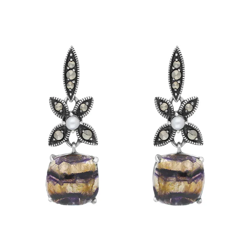 Sterling Silver Blue John Marcasite Pearl Flower Top Drop Earrings sold by Jura Watches