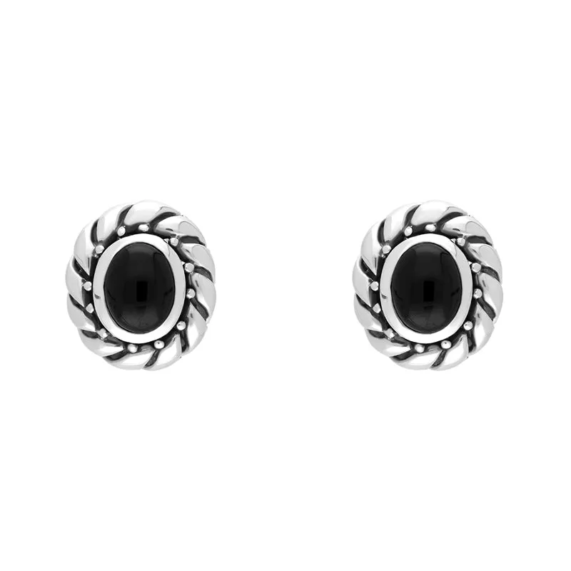 Sterling Silver Whitby Jet Oval Rope Edge Omega Clip Earrings D sold by Jura Watches