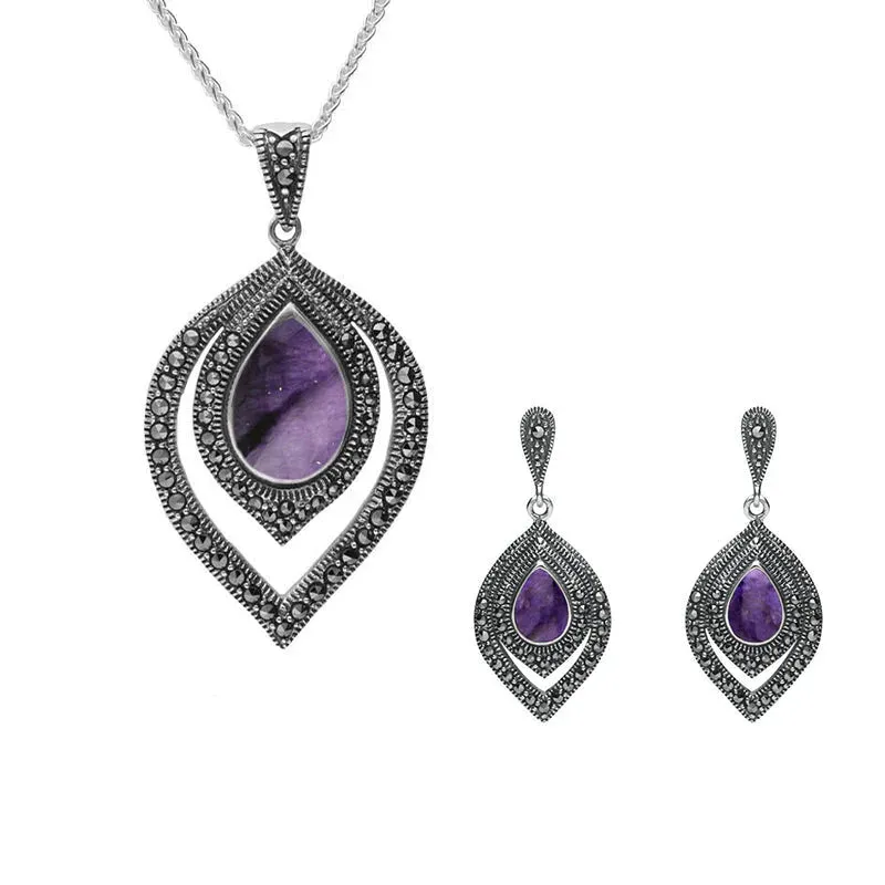 Sterling Silver Blue John and Marcasite Fancy Pear Drop Two Piece Set sold by Jura Watches