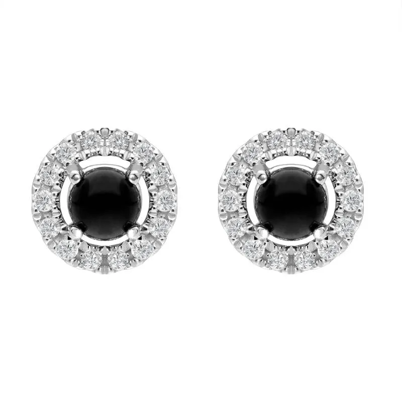 18ct White Gold Whitby Jet 0.10ct Diamond Round Stud Earrings sold by Jura Watches