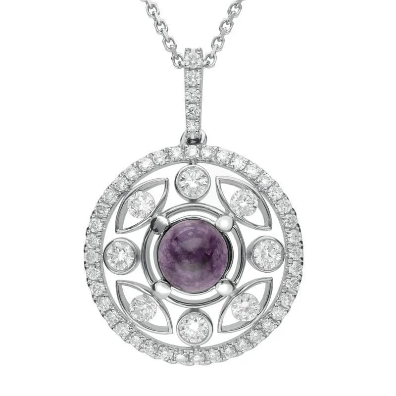 18ct White Gold Blue John 0.60ct Diamond Surround Round Necklace sold by Jura Watches