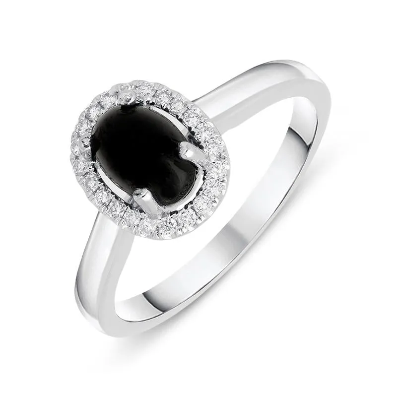 18ct White Gold Whitby Jet 0.12ct Diamond Oval Cluster Ring sold by Jura Watches