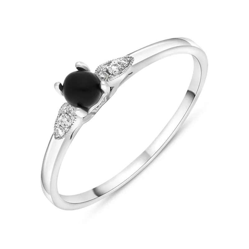 18ct White Gold Whitby Jet 0.05ct Diamond Milgrain Shoulder Ring sold by Jura Watches