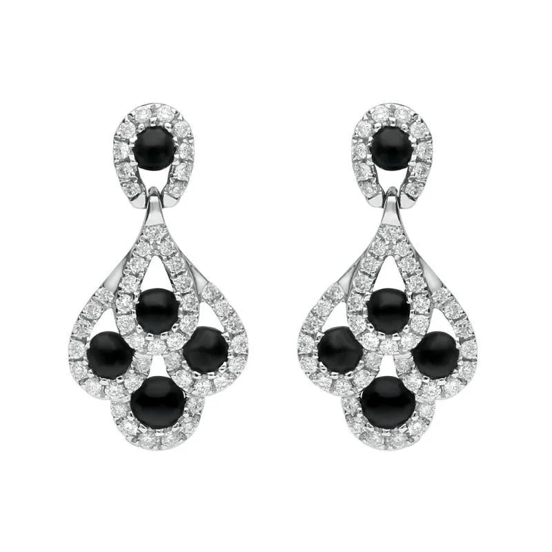 18ct White Gold Whitby Jet 0.34ct Diamond Peacock Drop Earrings sold by Jura Watches