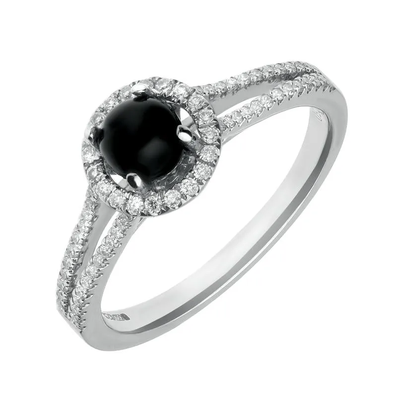 18ct White Gold Whitby Jet and 0.26ct Diamond Round Split Shank Ring sold by Jura Watches