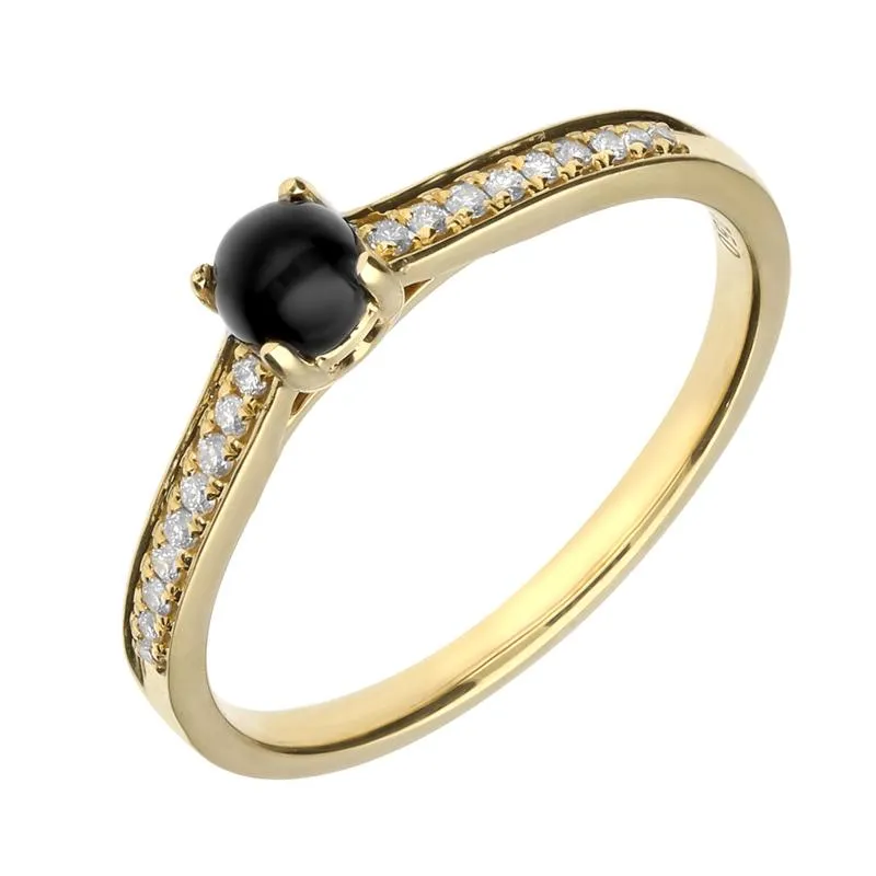 18ct Yellow Gold Whitby Jet Diamond Shoulder Solitaire Ring made by C.W. Sellors