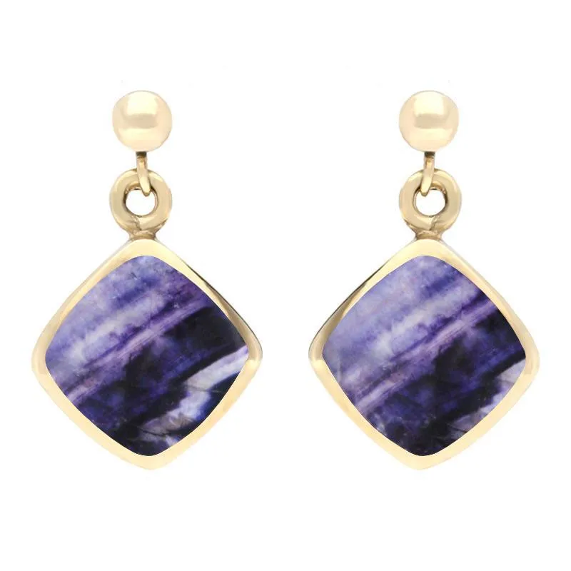 9ct Yellow Gold Blue John Cushion Drop Earrings sold by Jura Watches