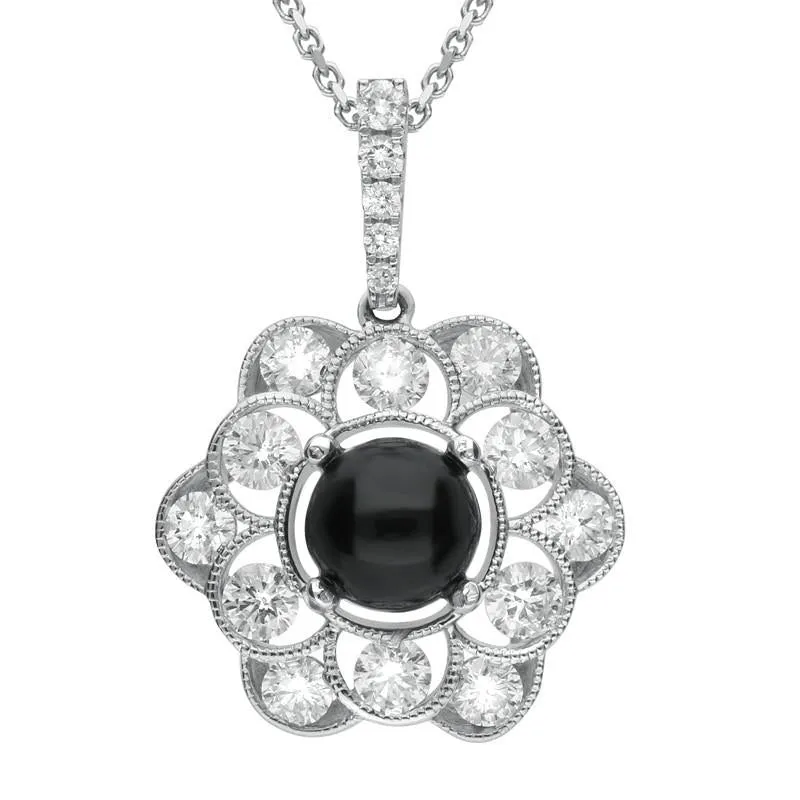 18ct White Gold Whitby Jet 0.89ct Diamond Flower Necklace sold by Jura Watches