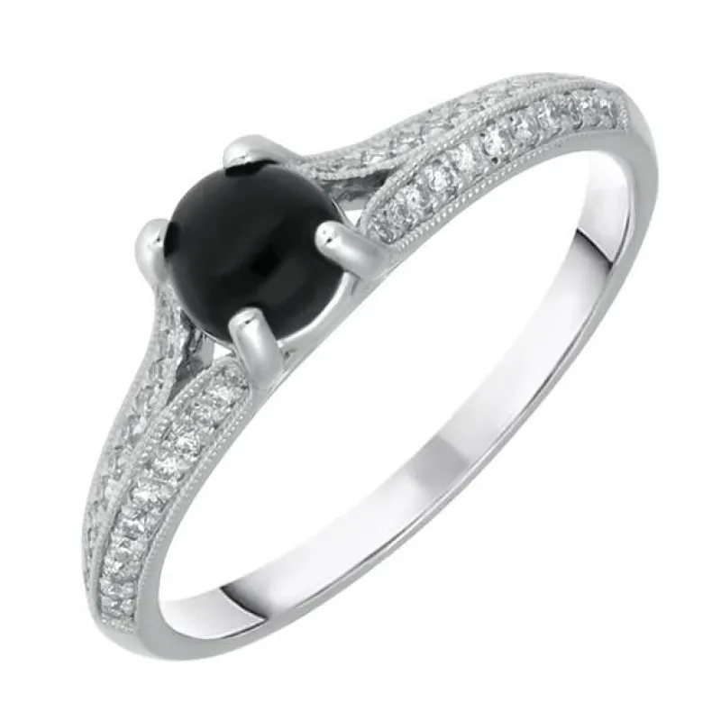 18ct White Gold Whitby Jet 0.15ct Diamond Claw Set Centre Ring sold by Jura Watches