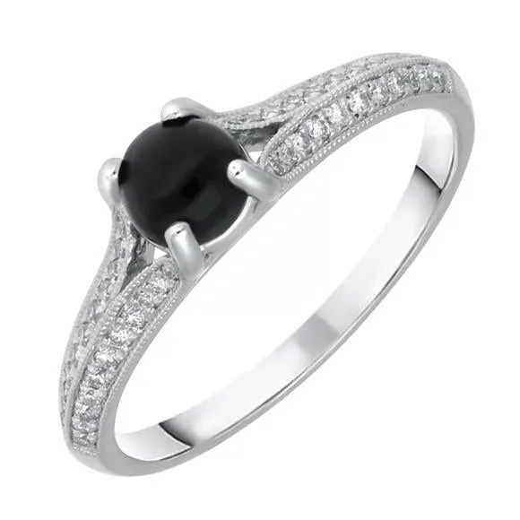 18ct White Gold Whitby Jet 0.15ct Diamond Claw Set Centre Ring sold by Jura Watches
