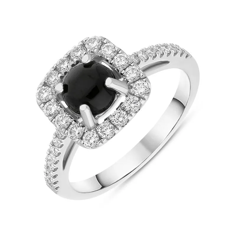 18ct White Gold Whitby Jet 0.45ct Diamond Cushion Ring sold by Jura Watches