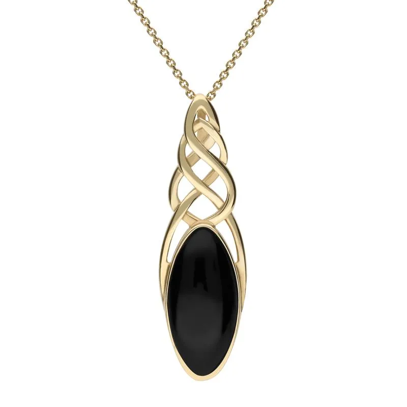 9ct Yellow Gold Whitby Jet Long Marquise Celtic Necklace sold by Jura Watches